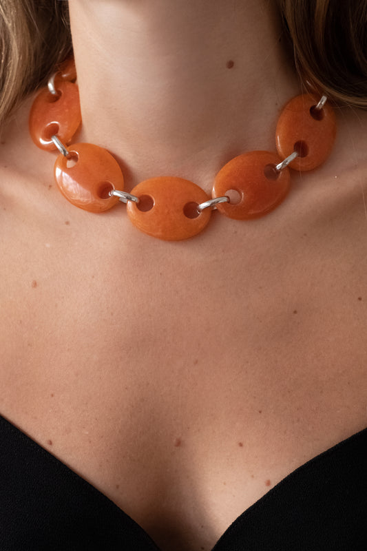 Oval Orange Jade Link Chain Necklace