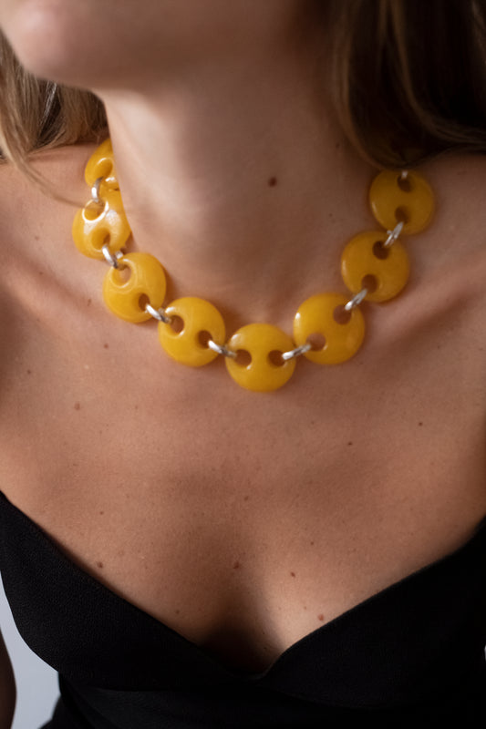 Circle Yellow Jade Link Chain Necklace